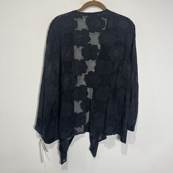 Caroline Rose Cardigan Women’s Large Sheer Black Floral Silk Open Swing Blouse - Picture 2 of 7